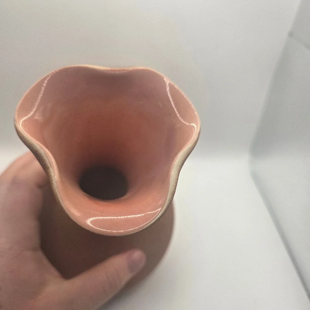Vintage West Germany 963 Pottery Vase Pink Ribbed Wavy Rim Mid Century MCM